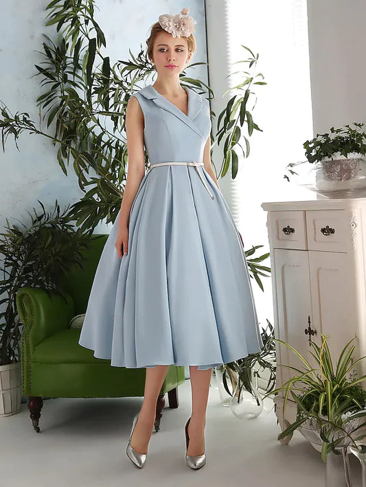 A-Line Elegant Vintage Inspired Cocktail Party Prom Dress V Neck Sleeveless Tea Length Spandex with Sash Ribbon