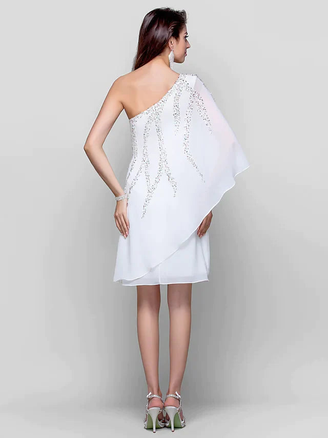 Sparkle White Wedding Guest Cocktail Party Dress One Shoulder Sleeveless Knee Length Chiffon with Sequin