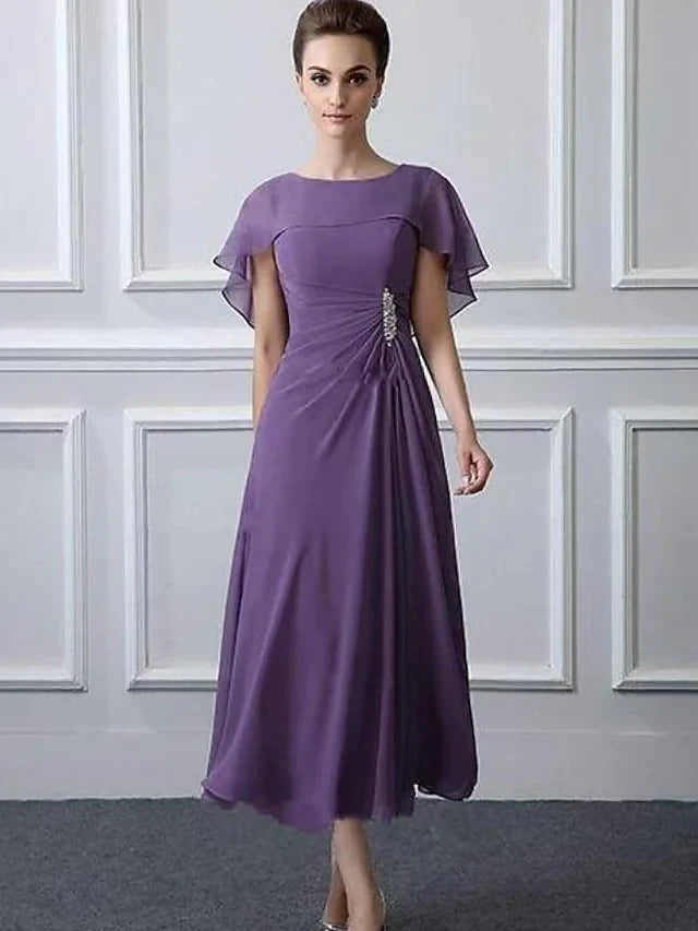 A-Line Mother of the Bride Dress Plus Size Bateau Neck Tea Length Chiffon Short Sleeve with Ruffles Crystal Brooch Ruching