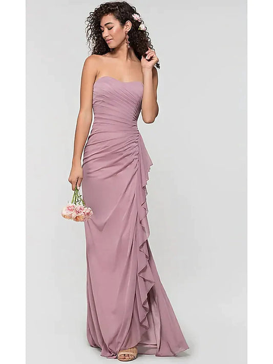 Sweetheart Neckline Chiffon Bridesmaid Dress with Ruffles Split Front Ruching Open Back