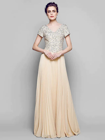 A-Line Mother of the Bride Dress Sparkle & Shine Bateau Neck Floor Length Chiffon Tulle Sequined Short Sleeve with Sequin