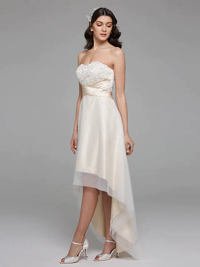 A-Line Wedding Dresses Sweetheart Neckline Asymmetrical Satin Floral Lace Strapless Simple Plus Size with Bowknot Sash Ribbon Beading