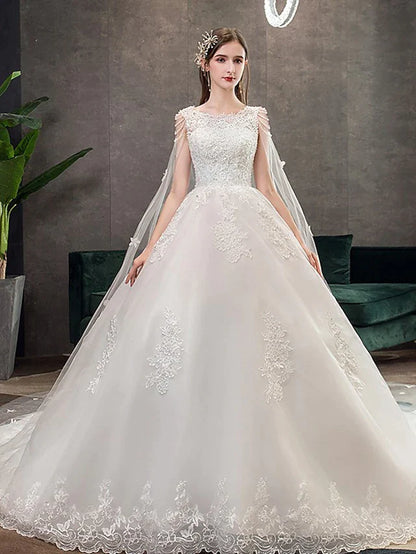 Princess Ball Gown Wedding Dresses Jewel Neck Chapel Train Lace Tulle Sleeveless Formal Luxurious with Appliques