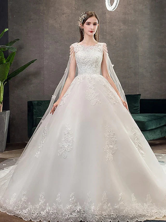 Princess Ball Gown Wedding Dresses Jewel Neck Chapel Train Lace Tulle Sleeveless Formal Luxurious with Appliques