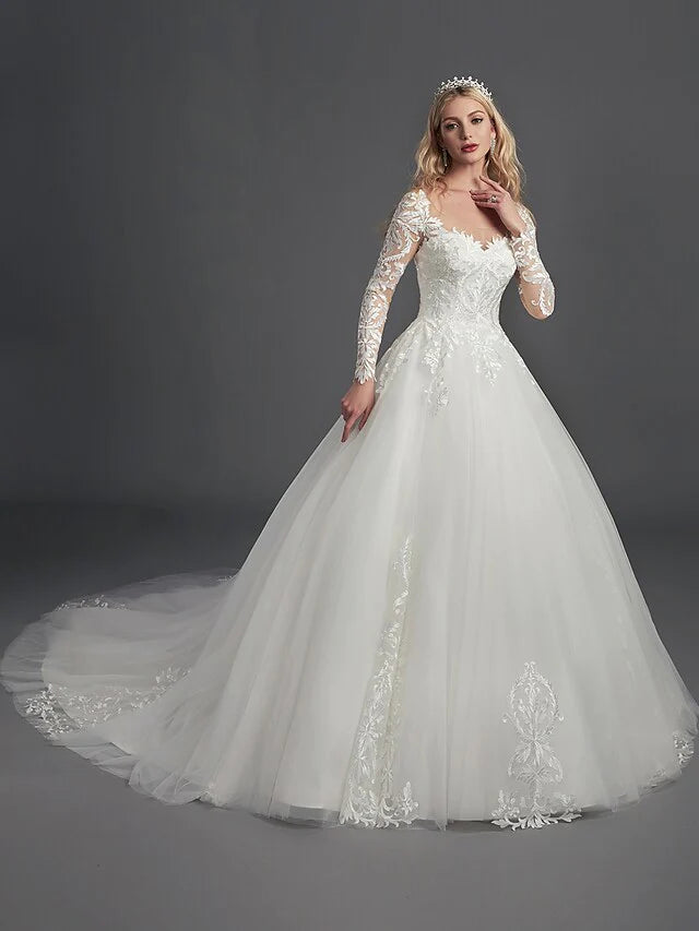 Ball Gown Wedding Dresses Illusion Neck Chapel Train Lace Tulle Long Sleeve Glamorous See-Through Illusion Detail with Buttons Appliques