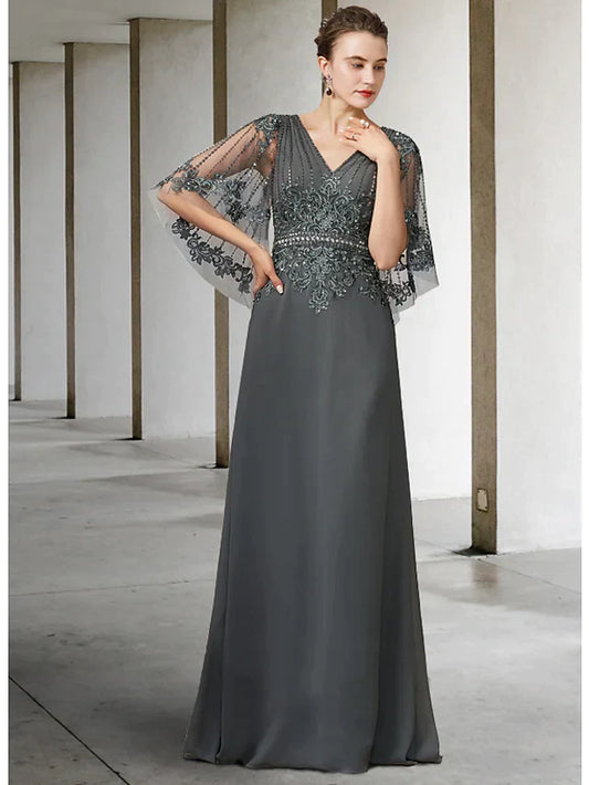 A-Line Mother of the Bride Dress Elegant V Neck Floor Length Chiffon Lace Half Sleeve with Sash Ribbon Appliques