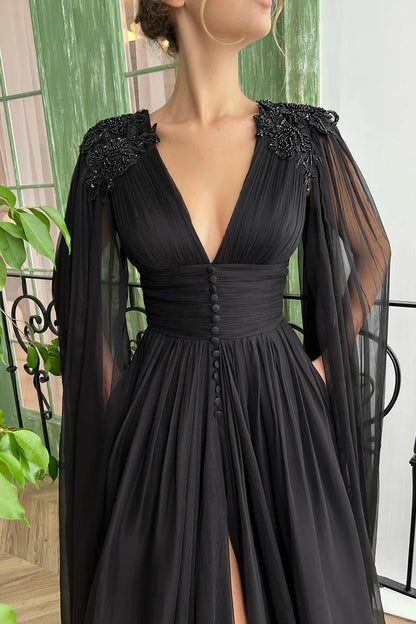 Sheath/Column V-Neck Chiffon Appliques Long Sleeves Prom Dress