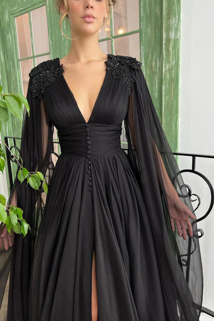 Sheath/Column V-Neck Chiffon Appliques Long Sleeves Prom Dress