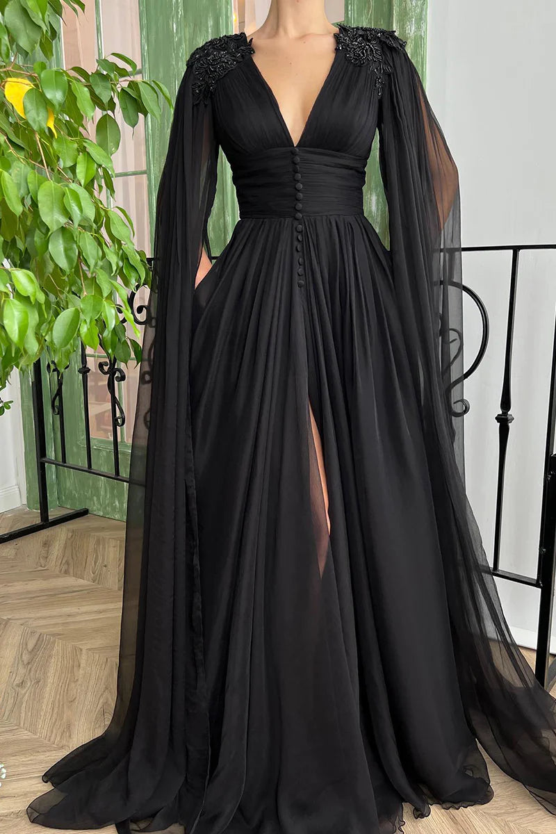 Sheath/Column V-Neck Chiffon Appliques Long Sleeves Prom Dress