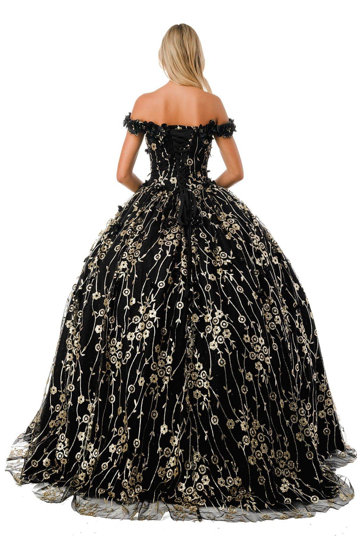 Gorgeous Black Gold Floral Inspired Off Shoulder Quinceanera Dress Ball Gown Princess Dress