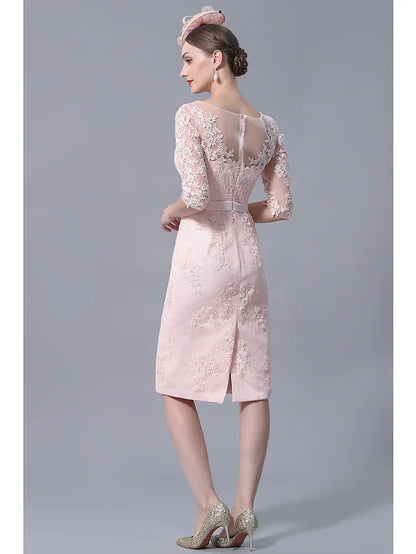 Mother of the Bride Dress Plus Size Elegant Vintage Bateau Neck Knee Length Chiffon Lace 3/4 Length Sleeve with Appliques