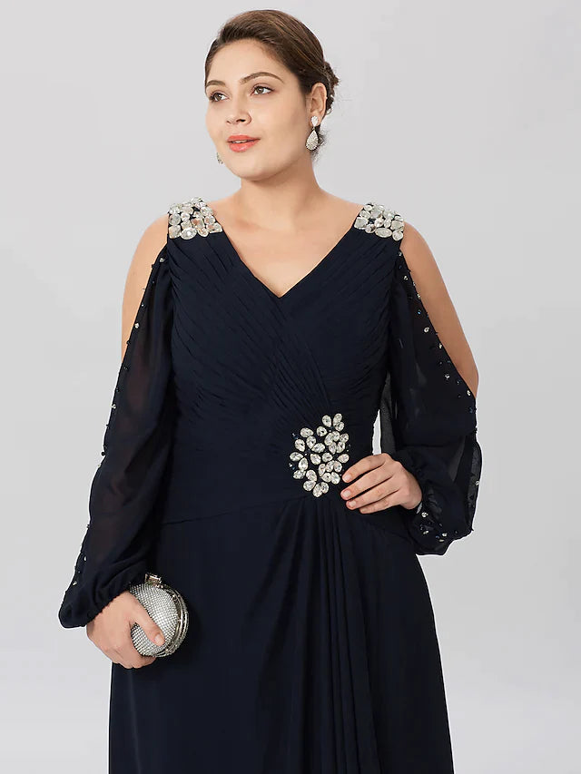 Mother of the Bride Dress Classic & Timeless Elegant & Luxurious Plus Size V Neck Asymmetrical Chiffon Stretch Satin Long Sleeve with Criss Cross Crystals