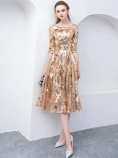 A-Line Elegant Sparkle & Shine Holiday Cocktail Party Dress Jewel Neck Half Sleeve Tea Length Sequined