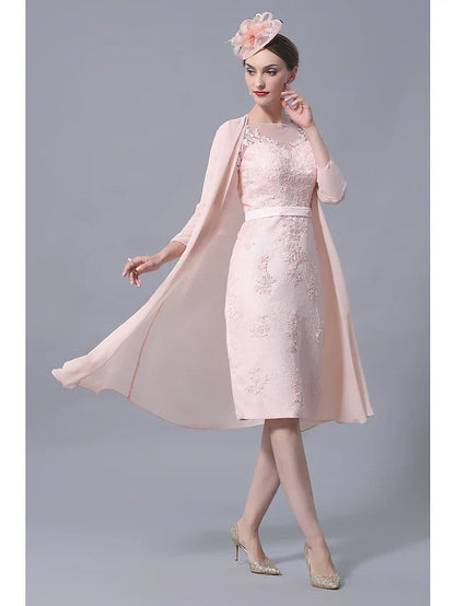 Mother of the Bride Dress Plus Size Elegant Vintage Bateau Neck Knee Length Chiffon Lace 3/4 Length Sleeve with Appliques