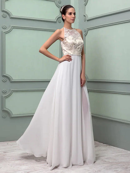 Wedding Dresses Jewel Neck Floor Length Chiffon Lace Regular Straps See-Through with Sash Ribbon Beading Split