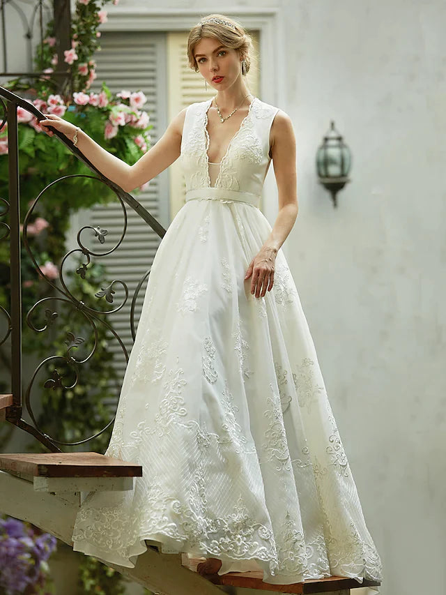 A-Line Wedding Dresses Plunging Neck Lace Over Tulle Sleeveless See-Through Beautiful Back Illusion Detail with Sash Ribbon Appliques