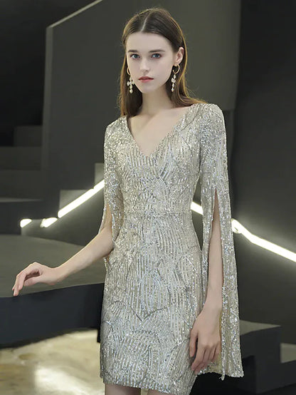 Sparkle Elegant Homecoming Cocktail Party Dress V Neck Long Sleeve Short Mini Sequined with Sequin Split