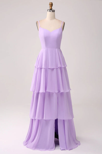 Lilac A-Line Chiffon Tier Long Dress Bridesmaid Dress With Slit