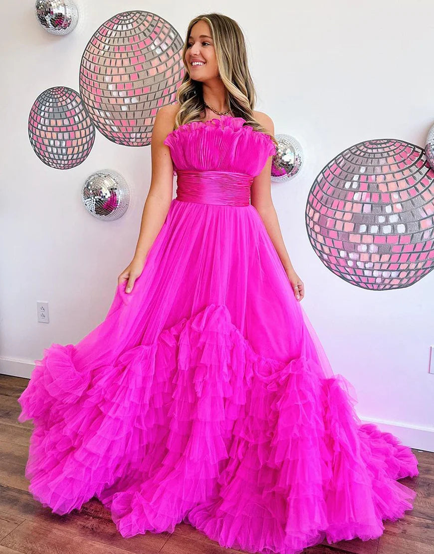 A-Line Strapless Off The Shoulder Tiered Long Prom Dress