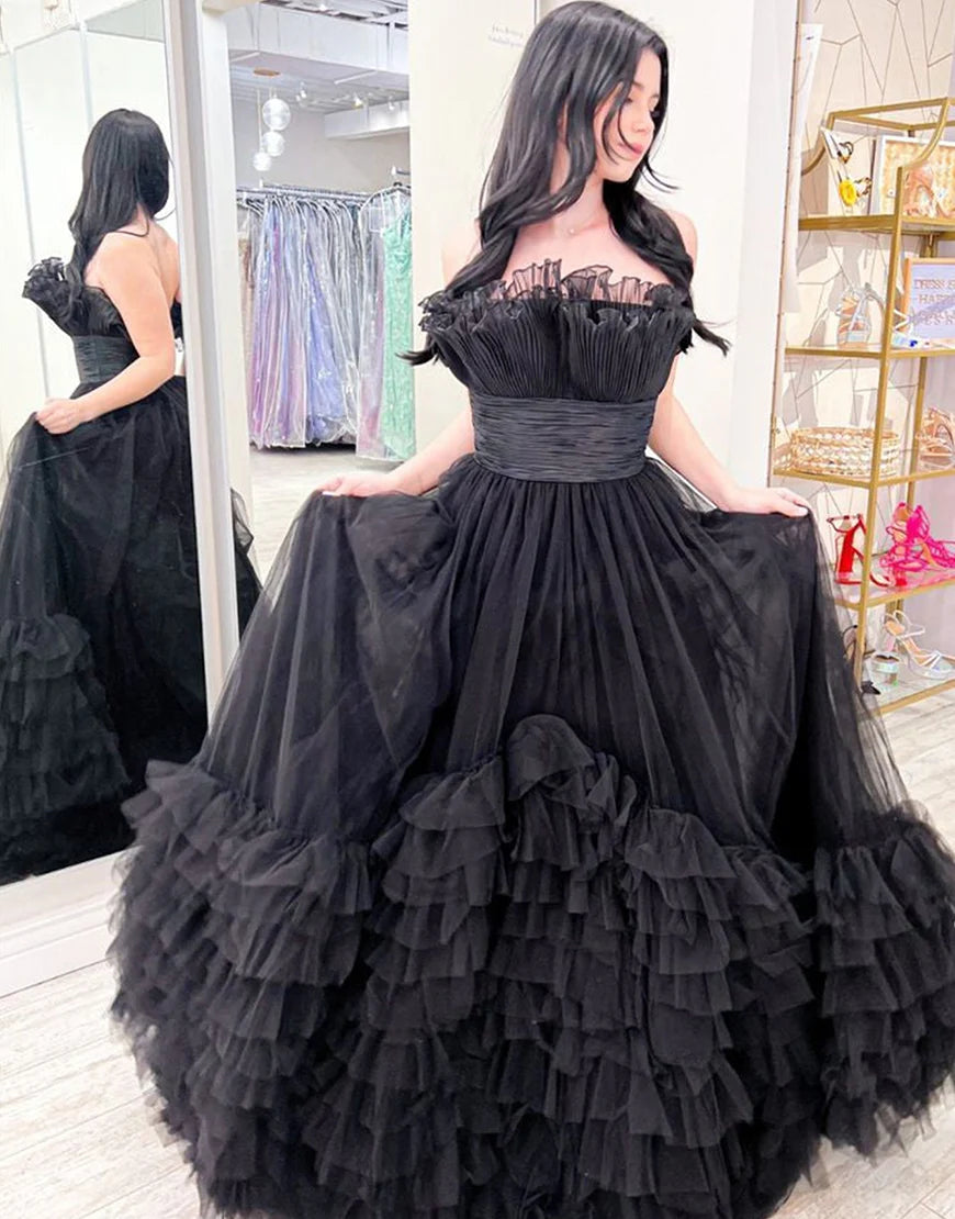 A-Line Strapless Off The Shoulder Tiered Long Prom Dress