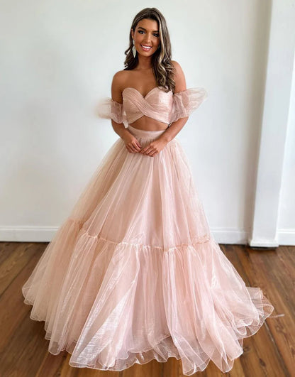 A Line Princess Dress Off The Shoulder Two Pieces Long Prom Dress