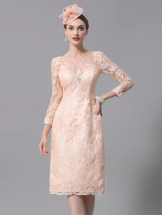 Mother of the Bride Dress Plus Size Sexy See Through Bateau Neck Knee Length Lace 3/4 Length Sleeve with Pleats Appliques