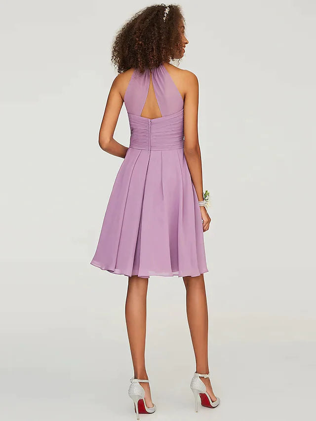 A-Line Halter Neck Knee Length Chiffon Bridesmaid Dress with Ruffles