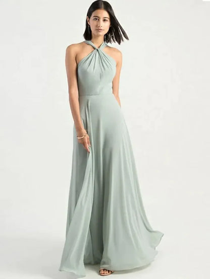 A-Line Halter Neck Floor Length Chiffon Bridesmaid Dress with Criss Cross