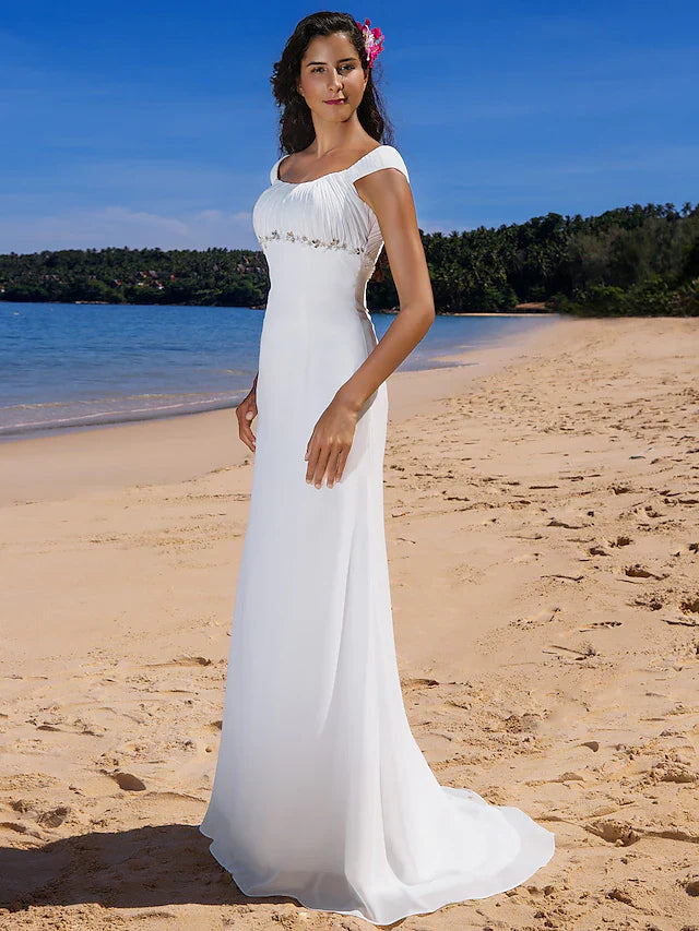 Wedding Dresses Scoop Neck Chiffon Cap Sleeve Beach Plus Size with Beading Draping Button