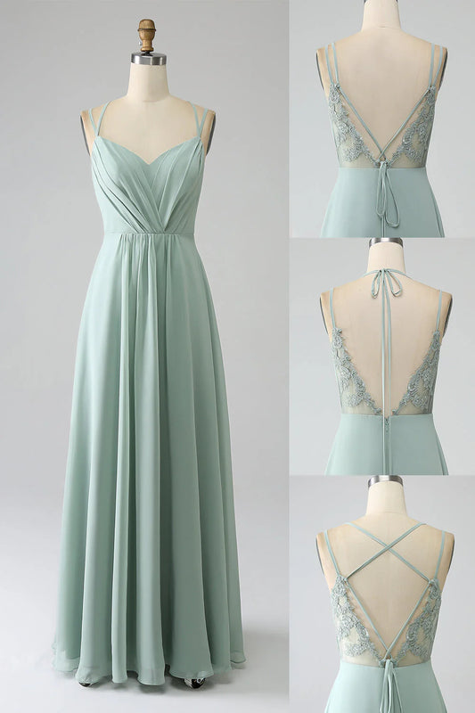 A-line Pleated Chiffon Long Lace Bridesmaid Dress