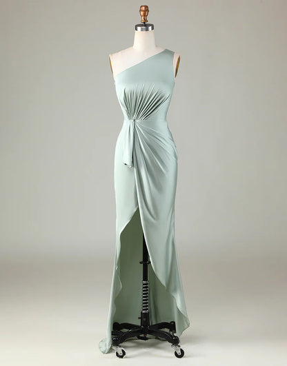 One Shoulder Matcha Bridesmaid Dress Ruffles With Slit