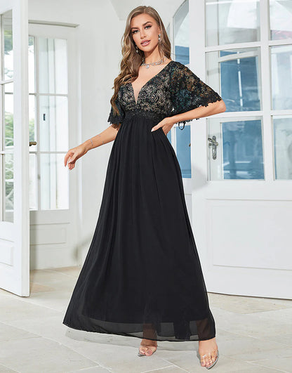 Elegant A-line Deep V-neck Short Sleeves Lace Mother of Bride Dress