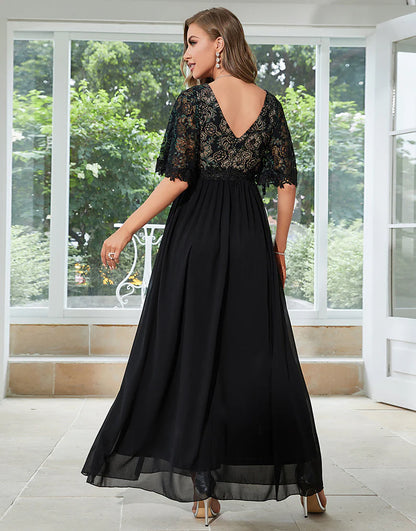 Elegant A-line Deep V-neck Short Sleeves Lace Mother of Bride Dress