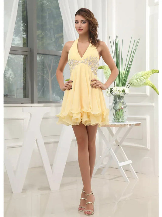 A-Line Elegant Party Wear Wedding Guest Cocktail Party Dress Halter Neck Sleeveless Short Mini Chiffon with Beading Tier