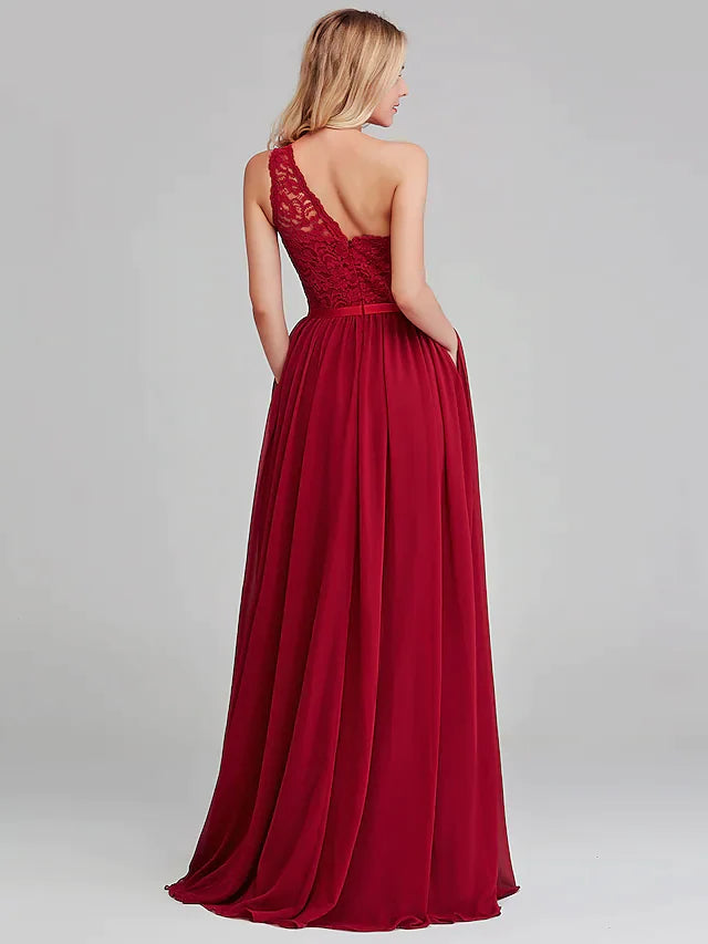 A-Line One Shoulder Long Length Chiffon Lace Bridesmaid Dress with Sash Ribbon