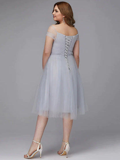 A-Line Elegant Cocktail Party Prom Dress Off Shoulder Short Sleeve Tea Length Tulle with Sash Ribbon Criss Cross