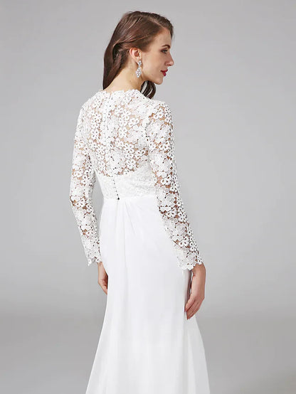 Wedding Dresses V NeckChiffon Floral Lace Long Sleeve Romantic Boho Illusion Sleeve with Lace Button