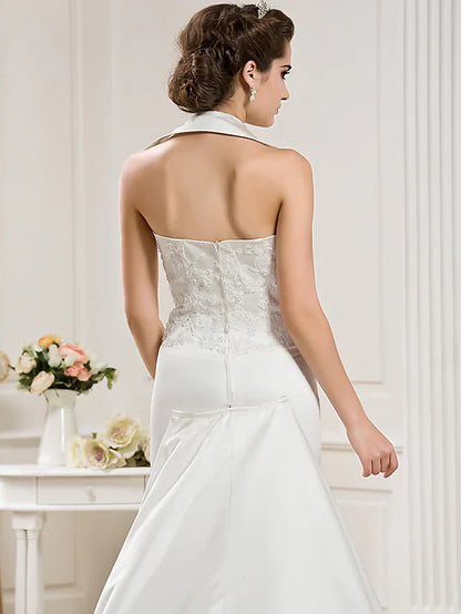 Wedding Dresses Halter Neck Court Train Satin Sleeveless