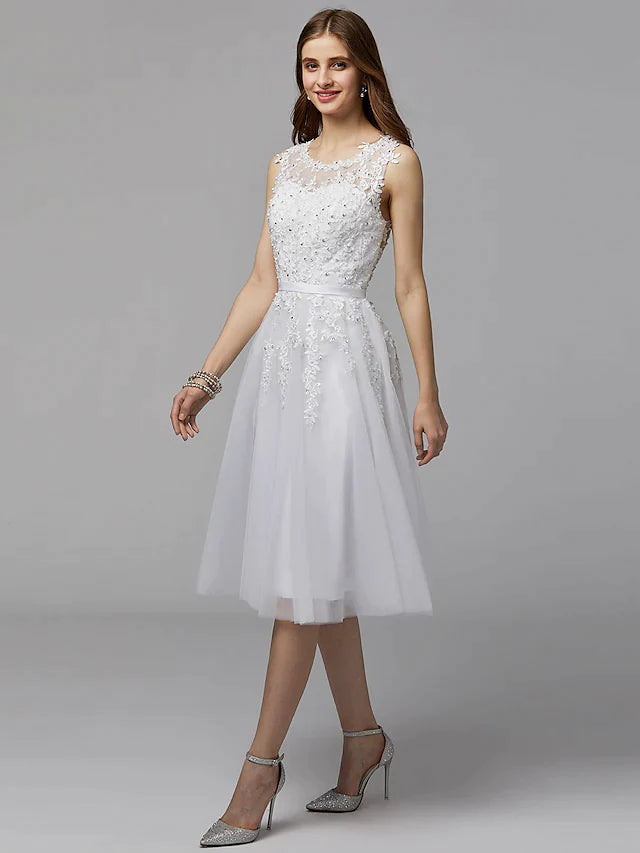 A-Line Elegant Floral Homecoming Prom Dress Illusion Neck Sleeveless Tea Length Lace Satin with Beading Appliques