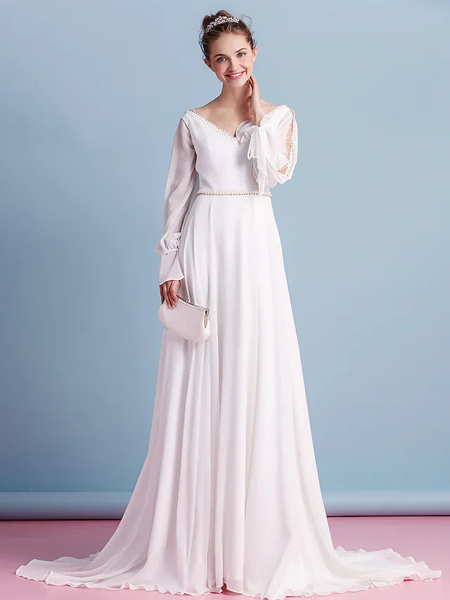 Wedding Dresses V Neck Court Train Chiffon Long Sleeve with Beading