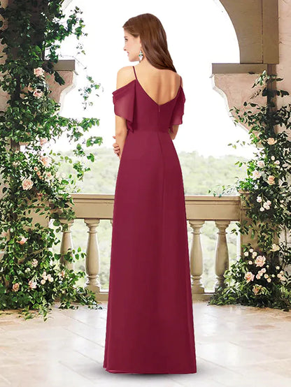 A-Line V Neck Floor Length Chiffon Bridesmaid Dress with Pleats Split Front