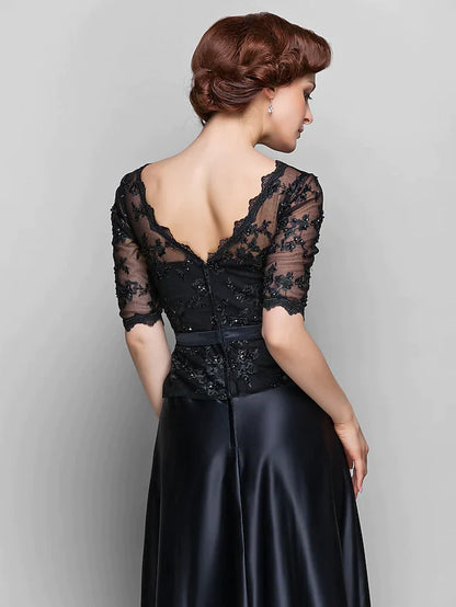 A-Line Mother of the Bride Dress See Through V Neck Floor Length Lace Satin Half Sleeve with Lace Bow(s) Beading