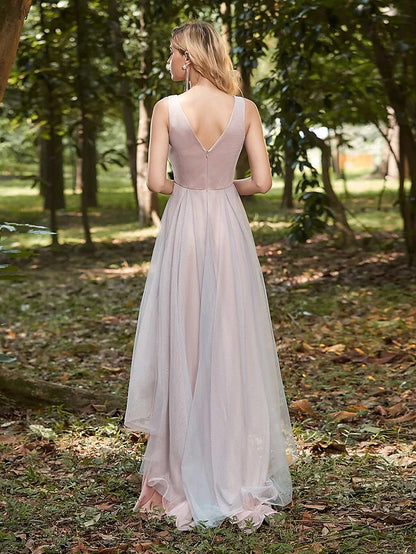 V Neck Asymmetrical Tulle Bridesmaid Dress with Appliques