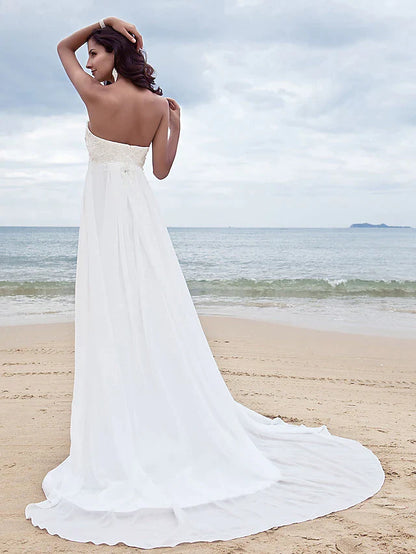 A-Line Wedding Dresses Sweetheart Neckline Court Train Chiffon Strapless Simple Beach Plus Size with Beading Appliques