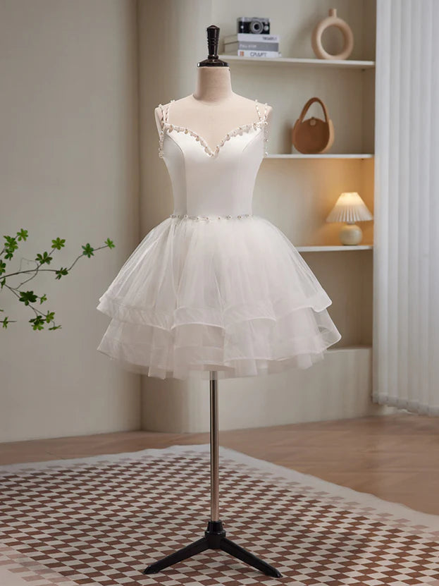 Cute White Short Tulle Beaded Graduation Dress Prom Dress Formal Dress