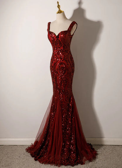 Straps Sweetheart Mermaid Long Party Dress Wine Red Sequins Prom Dress Evening Dress