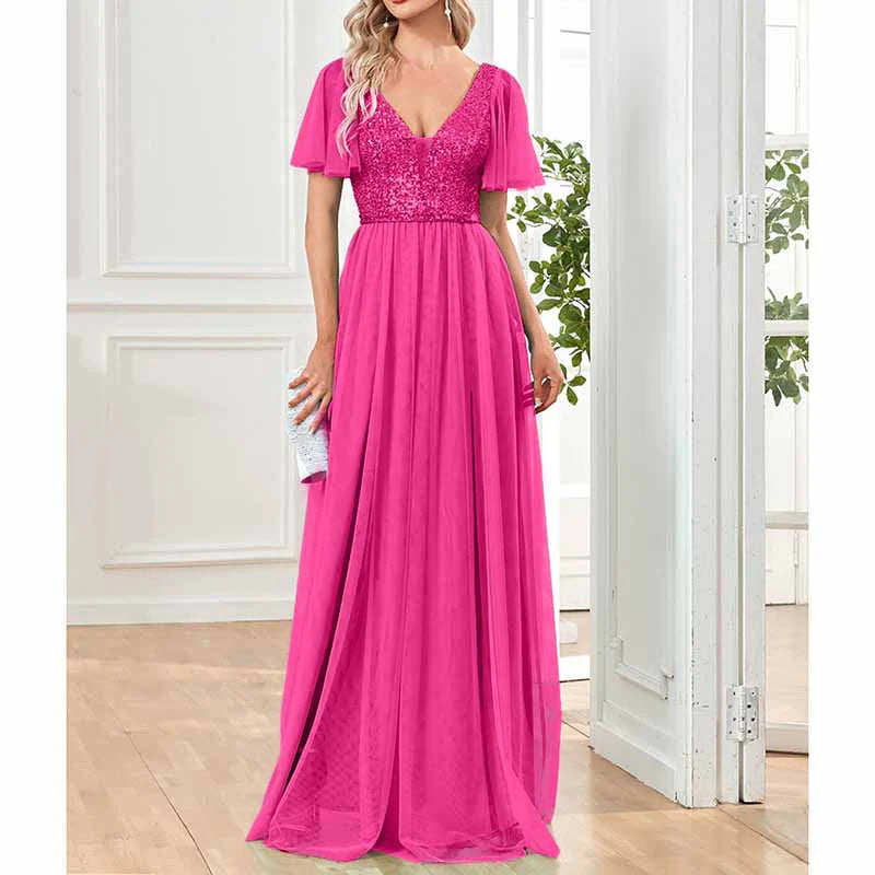 V-Neck Sparkle Evening Dresses with Short Sleeves