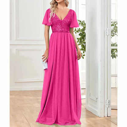 V-Neck Sparkle Evening Dresses with Short Sleeves