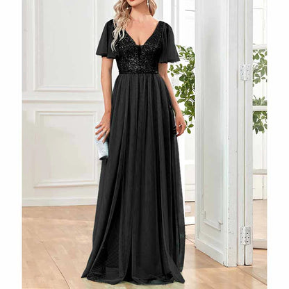 V-Neck Sparkle Evening Dresses with Short Sleeves