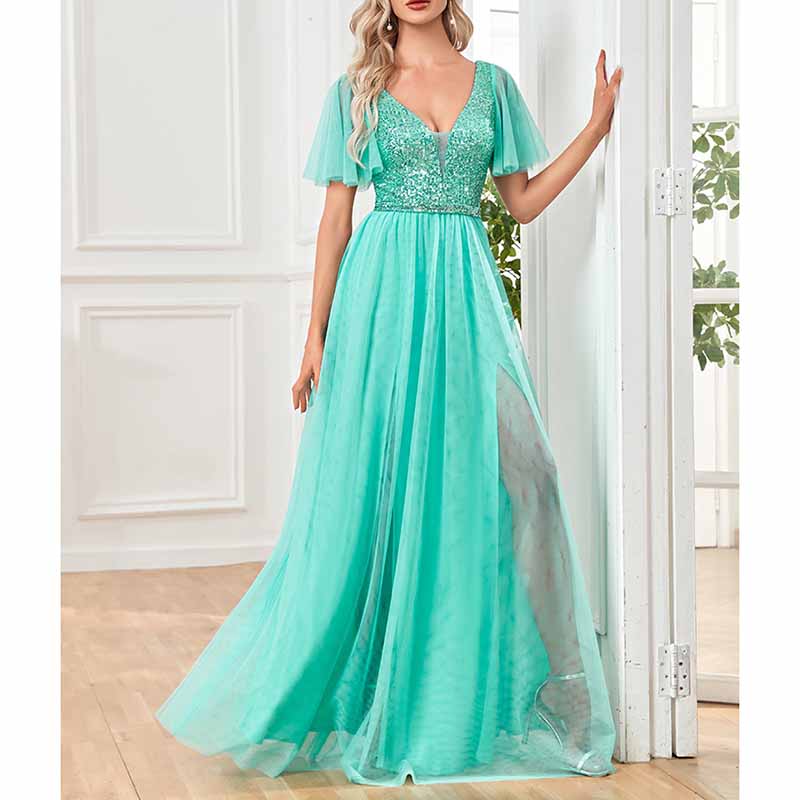 V-Neck Sparkle Evening Dresses with Short Sleeves